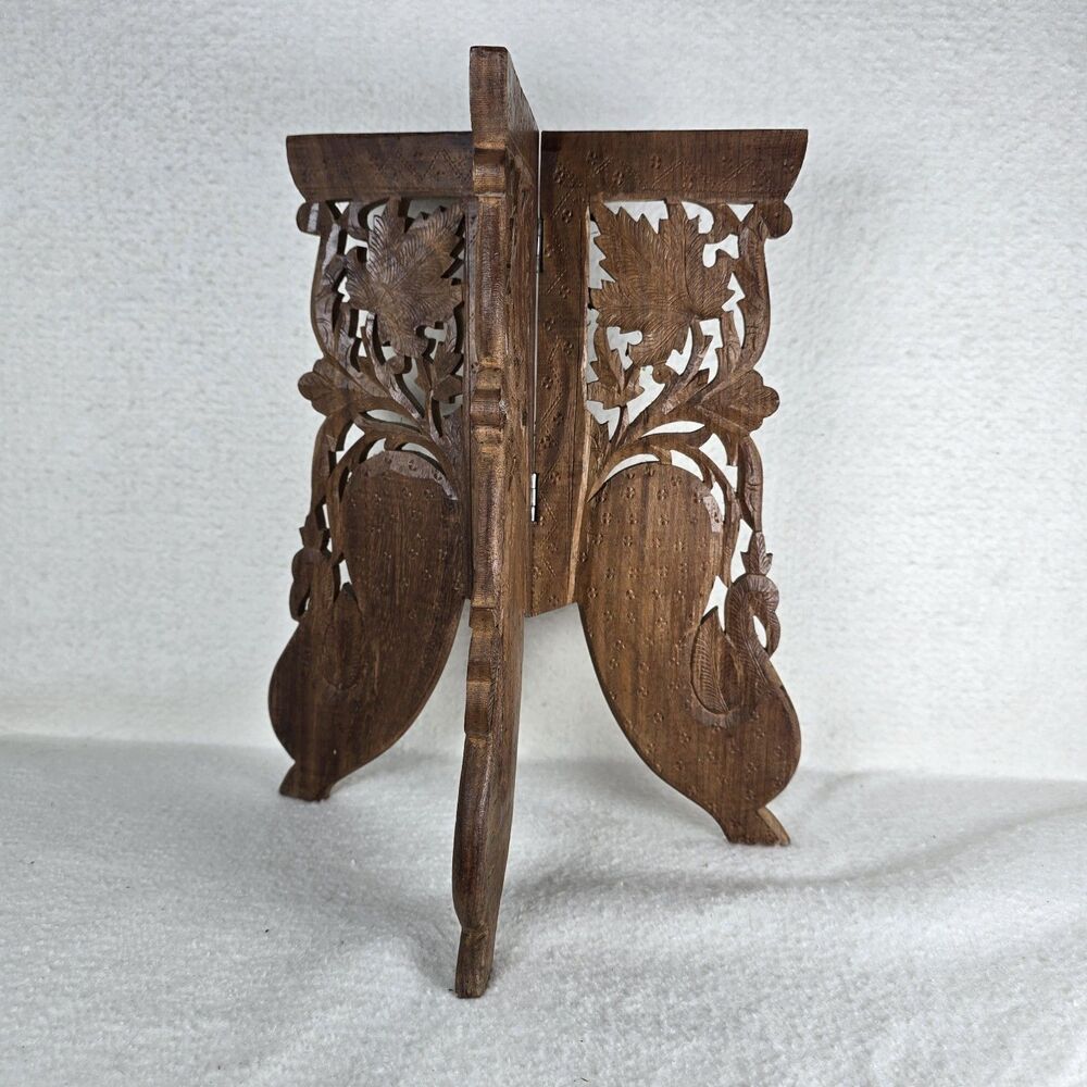 Vintage Hand Carved Wooden Bird Peacock Folding 3 Leg Table Plant Stand Boho